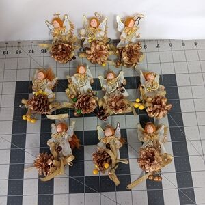 Angel Ornaments Holding Instruments Gold Ribbon Pine Cones Wood Heads Painted